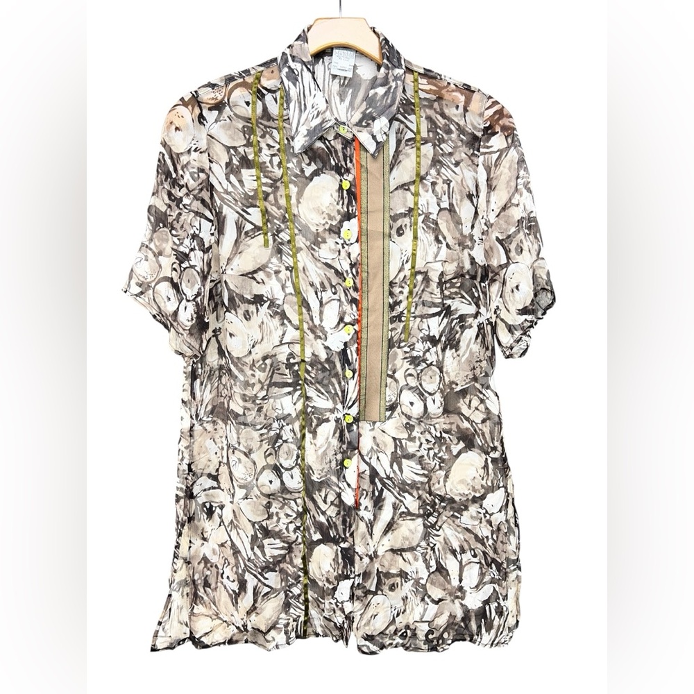 Alain Weiz 100% Silk Brown Abstract Button Down Tunic Top Womens 14